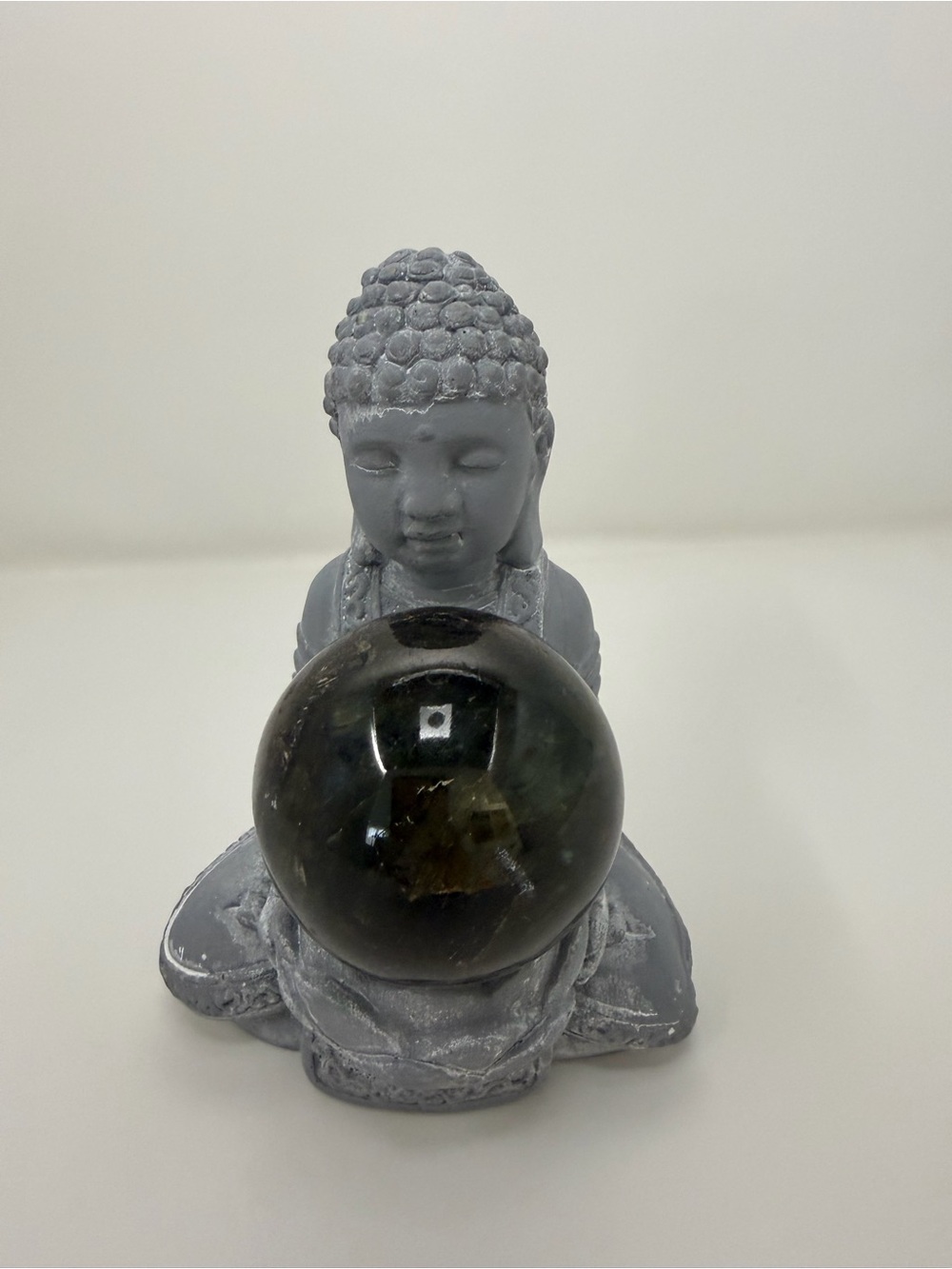 Buddha with Labradorite Round Stone with a little flash on side.